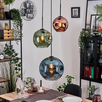Ripoll lampa wisząca, kula świetlna, lampa wisząca kaskadowa niebeieski, zielony, miedziany, 3-punktowe