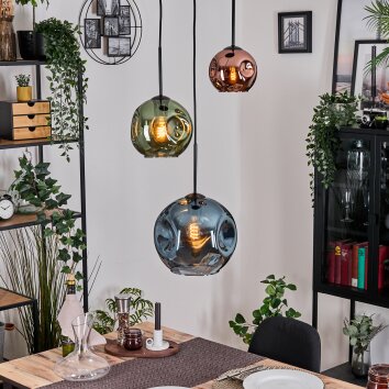 Ripoll lampa wisząca, kula świetlna, lampa wisząca kaskadowa niebeieski, zielony, miedziany, 3-punktowe