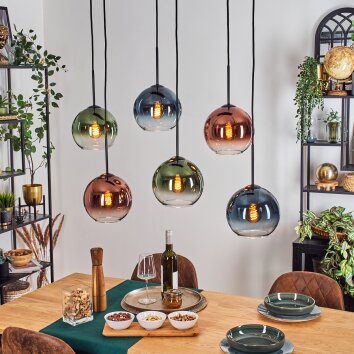 Koyoto Lampa wisząca, Kula świetlna, Lampa wisząca Niebeieski, Zielony, Przezroczysty, W kolorze miedzi, 6-punktowe