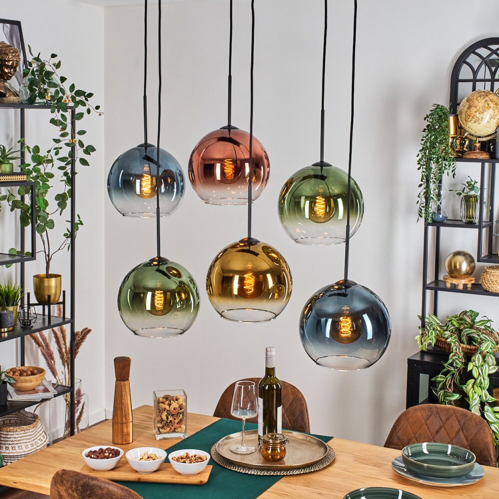 Koyoto Lampa wisząca, Kula świetlna, Lampa wisząca Niebeieski, Złoty, Zielony, Przezroczysty, W kolorze miedzi, 6-punktowe main product photo