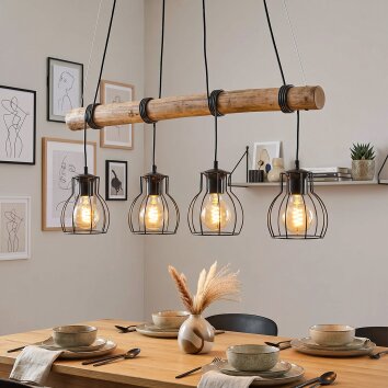 Gondo 4-punktowa lampa wisząca z drewnianym drążkiem E27, długość 80 cm