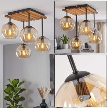 Naturalna drewniana lampa sufitowa Koyoto z 4 bursztynowymi kloszami kulistymi, ø 15 cm