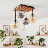 Lampa sufitowa Gastor, 5 kulistych kloszy, drewniane lamele nad stołem jadalnianym
