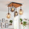 Lampa sufitowa Gastor, 5 kulistych kloszy, drewniane lamele nad stołem jadalnianym