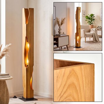 Nowoczesna lampa podłogowa Sernadelo, drewniana kolumna w kolorach naturalnych