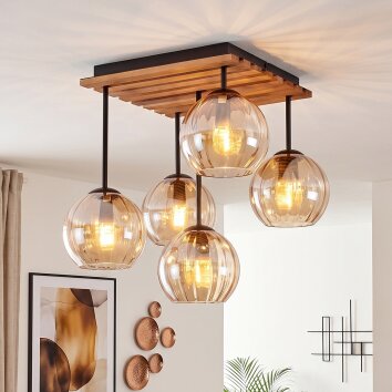 Boho plafoniera Koyoto z drewnianą płytą lamelową i 5 bursztynowymi kloszami