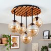 Boho drewniana lampa sufitowa Gastor z płytą lamelową i 5 bursztynowymi kloszami