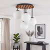 Boho plafoniera Gastor z drewnianą lamelową osłoną, 4 białe kuliste klosze