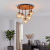 Boho lampa sufitowa Koyoto, lamelowa płyta ø 48 cm, pięć bursztynowych kul