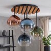 Boho plafoniera Koyoto z drewnianą osłoną lamelową i 4 szklanymi kloszami E14