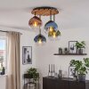Boho plafoniera Koyoto z drewnianą osłoną lamelową i 4 szklanymi kloszami E14