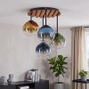Boho lampa wisząca Koyoto z drewnianą osłoną, 4 złote kule nad stołem jadalnym