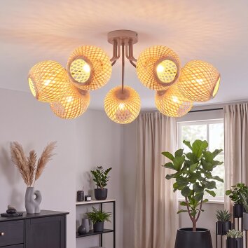 Boho lampa sufitowa Basto z 7 kulistymi naturalnymi bambusowymi kloszami, piaskowa