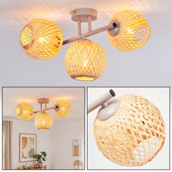 Boho plafoniera Basto, trzy plecione kuliste klosze w naturalnym kolorze