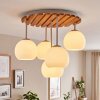 Boho lampa sufitowa Koyoto z drewnianą lamelową osłoną i 5 białymi szklanymi kloszami