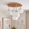 Boho lampa sufitowa Koyoto z drewnianą lamelową osłoną i 5 białymi szklanymi kloszami