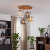 Boho lampa sufitowa Koyoto z drewnianą osłoną lamelową i 4 szklanymi kloszami w chromie
