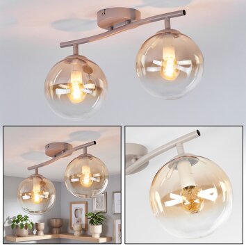 Falista lampa sufitowa Gastor z 2 bursztynowymi kulistymi kloszami ze szkła
