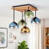Boho lampa wisząca Koyoto z drewnianymi listwami, 5 niebieskich i złotych kul szklanych