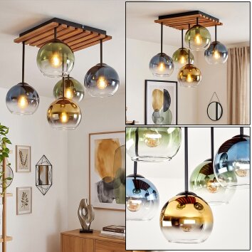 Boho lampa wisząca Koyoto z drewnianymi listwami, 5 niebieskich i złotych kul szklanych