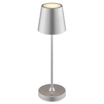 Brilliant LED lampa stołowa Elora, srebrny stożkowy klosz, 2700 Kelvin, ciepła biel, IP44