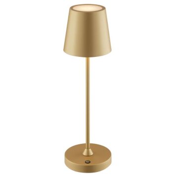 Brilliant LED lampa stołowa Elora ze stożkowym złotym kloszem, 2700 Kelvin, ciepła biel, IP44