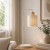 Brilliant lampa stołowa Arlo z ramieniem wygiętym w łuk i beżowym abażurem