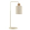 Brilliant lampa stołowa Arlo z ramieniem wygiętym w łuk i beżowym abażurem